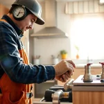 Gas fitter north shore repairing gas lines in a modern kitchen with professional tools.