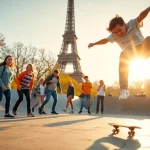 La Paris skate ecole offrant des cours de skateboard à des enfants dans un skatepark dynamique.