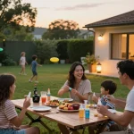 The family enjoying their backyard barbecue while using the Best Mosquito Repellent for protection against bites.
