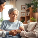 Care at home scene featuring a caregiver supporting an elderly person in a cozy living room.