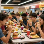Friends enjoying fast food prices at a lively food court, sharing vibrant meals and smiles.