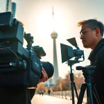 Capture of professional On-location videography toronto with a videographer in action featuring Toronto's CN Tower.