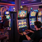 Engaging players enjoying alexis77 slot on their devices in a lively online gaming arena