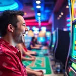 Excited player winning at Vegas hero online casino, illuminated by neon lights.
