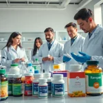 Food supplement manufacturers UK team innovating in a bright laboratory setting.