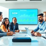 Analyze strategies for Search engine marketing (SEM) with a diverse team in a vibrant office.