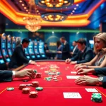 Online casino spielen am Tisch mit lebhaftem Spielgeschehen und bunten Chips in einem modernen Casino.