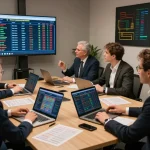 Keonhacai sports betting analysis with professionals evaluating odds and strategies in a modern office.