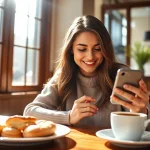 instagram フォロワー 購入を行う女性がカフェでスマートフォンを使っている様子
