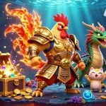 与开云体育互动，强大的公鸡战士和龙宝宝在充满活力的赌场场景中庆祝胜利。