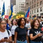 Huge crowds and global attention at an urban protest scene filled with diverse individuals and banners.
