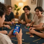 Engaging scene with a player using 8kbetbh on smartphone, friends discussing strategies, cozy home gaming atmosphere.