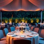 Stylish corporate event rentals setup showcasing elegant tables and tents for corporate event rentals.