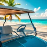 Experience the joy of San Pedro Belize Golf Cart Rental with a beautiful cart set against a turquoise beach.