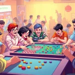 Engaged players immersed in daman games, showcasing excitement in a lively game hall.