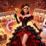 Experience สล็อตทดลองเล่น excitement with a glamorous illustration of a woman and her cat companion amidst vibrant casino elements.