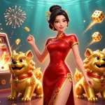 Enjoy thrilling UFABET gaming action with a glamorous Asian woman, foo dog guardians, and explosive jackpots.