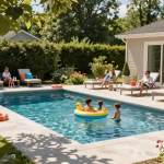 Dolphin Pool Services family enjoying a sunny afternoon at a clear pool in Virginia, surrounded by lush greenery and relaxing atmosphere.