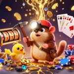 Engage with rokok88 slot featuring a treasure hunter mole, vibrant casino elements, and dazzling visuals.