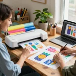 Vibrant crafting workspace showcasing SVG bundle designs and Cricut machine in use.