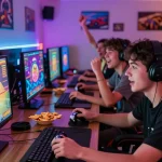 Engaged players enjoying slot gacor gameplay in a vibrant online gaming environment, illuminated by colorful graphics.