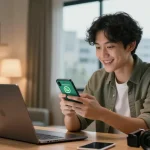 Setting up WhatsApp下載 on a smartphone in a modern urban apartment.