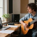 Guitar Instructor Online conducting personalized lessons in a warm home studio.