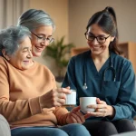 Engaging caregiver provides at home health care in a warm, inviting setting full of comfort.