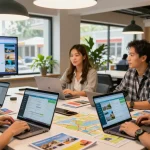 Dynamic collaboration in a travel agency workspace showcasing host agency software tools for effective client management