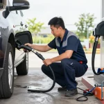Technician draining petrol from a diesel car during a fuel mishap, ensuring safe recovery
