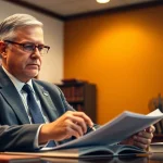 Consulting asheville dwi defense lawyer reviewing case files in a professional office.