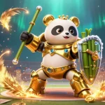 Situs judi bola showcases a vibrant sports betting arena with a golden panda robot battling amidst cheering spectators.
