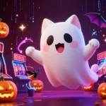 Gagnez des jackpots dans un nouveau casino en ligne avec un chat fantôme et des symboles de jeu.