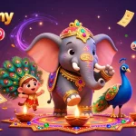 Engage with winboxmy's vibrant online casino games featuring a festive 3D elephant and dazzling lottery elements.