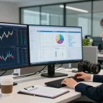 Financial crime intelligence analyst working with data visualizations in a modern office setting.