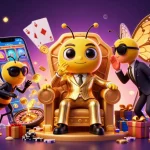 Un boss de la mafia bourdon dans un casino flamboyant, symbole du meilleur casino en ligne en jouant avec des jetons et des machines à sous.