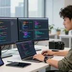 Dynamic coding environment featuring a developer at work on the 纸飞机官网 project in a modern tech office.