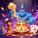 Profitez de l'excitation du casino en ligne sans wager avec un génie et des jetons de poker dans un monde magique.