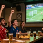 Penggemar sepak bola menikmati streaming bola di bar olahraga, merayakan gol dengan semangat.