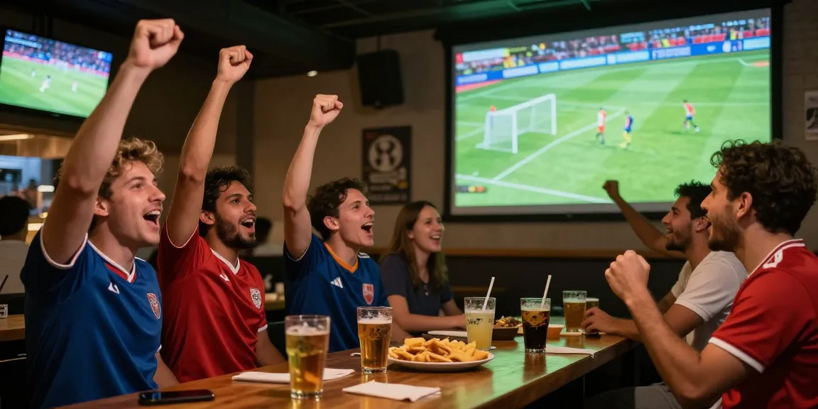 Penggemar sepak bola menikmati streaming bola di bar olahraga, merayakan gol dengan semangat.