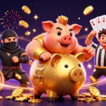 Illustration dynamique montrant des éléments de casino en ligne sans wager, avec des personnages colorés et des pièces d'or.