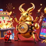 Une ambiance de casino en ligne sans wager avec un scarabée doré boxeur, une coccinelle entraîneuse, et des effets lumineux.