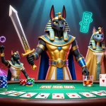 Jouez au casino en ligne sans wager avec Anubis et Bastet entourés de jetons et de cartes.