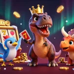 Gagnez au casino en ligne sans wager avec un T-Rex amusant et des jetons d'or brillants.