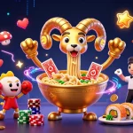 Jouer dans un casino en ligne sans wager avec un bol de ramen 3D géant et des personnages dynamiques.