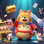 Illustration de tanuki et maneki-neko pour le casino en ligne sans wager, jouant devant des rouleaux de machines à sous.
