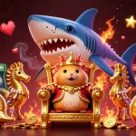 Visuel captivant d'un casino en ligne sans wager avec un roi hamster doré sur un trône de dents de requin, entouré de machines à sous.