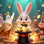 Visuel dynamique de casino en ligne sans wager avec un lapin magicien, une colombe et un singe.