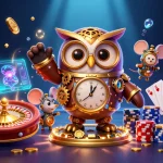 Jouer au casino en ligne sans wager avec une illustration inspirante d'une chouette steampunk entourée de trésors.