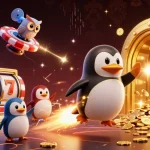 Illustration dynamique d'un casino en ligne sans wager avec un pingouin doré et des éléments de jeux.